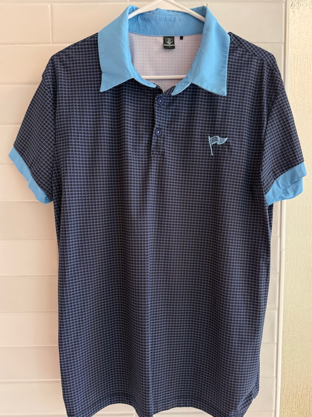 Baseball Lifestyle 101 Men's Navy Patterned Polo with Light Blue Collar